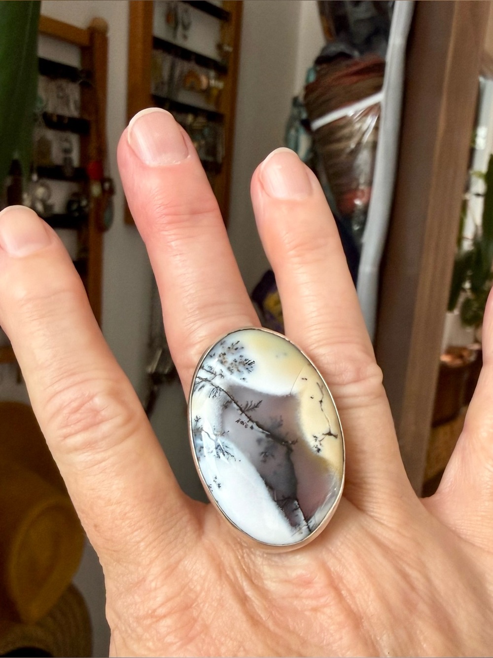 GORGEOUS Dendritic Opal and Silver Ring, US 7-3/4